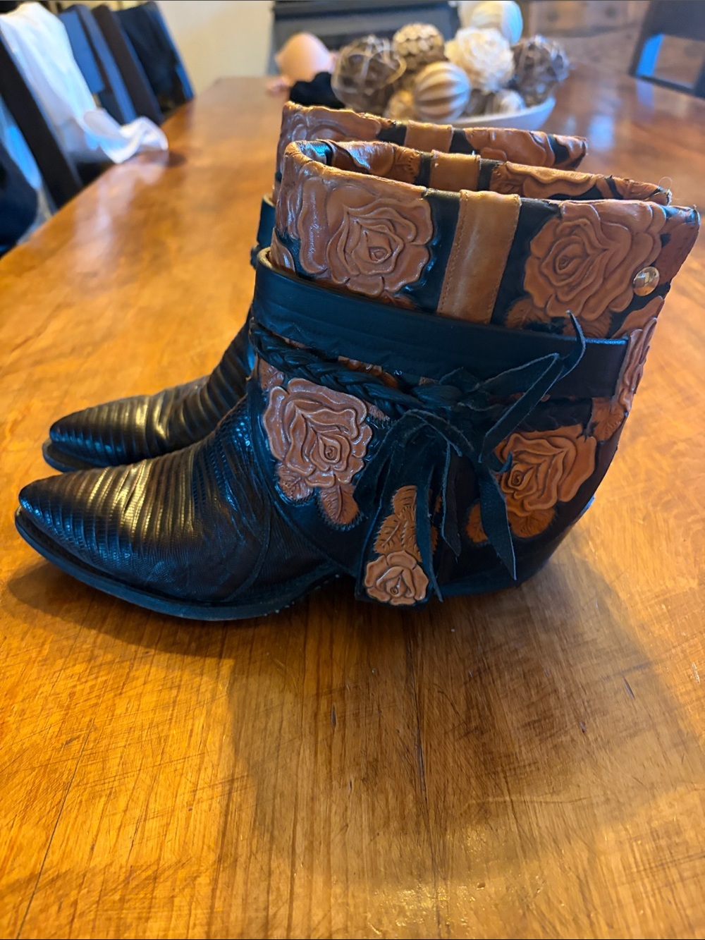 Black Leather Western Ankle Boots with Tan Floral Appliqué - Picture 4 of 5